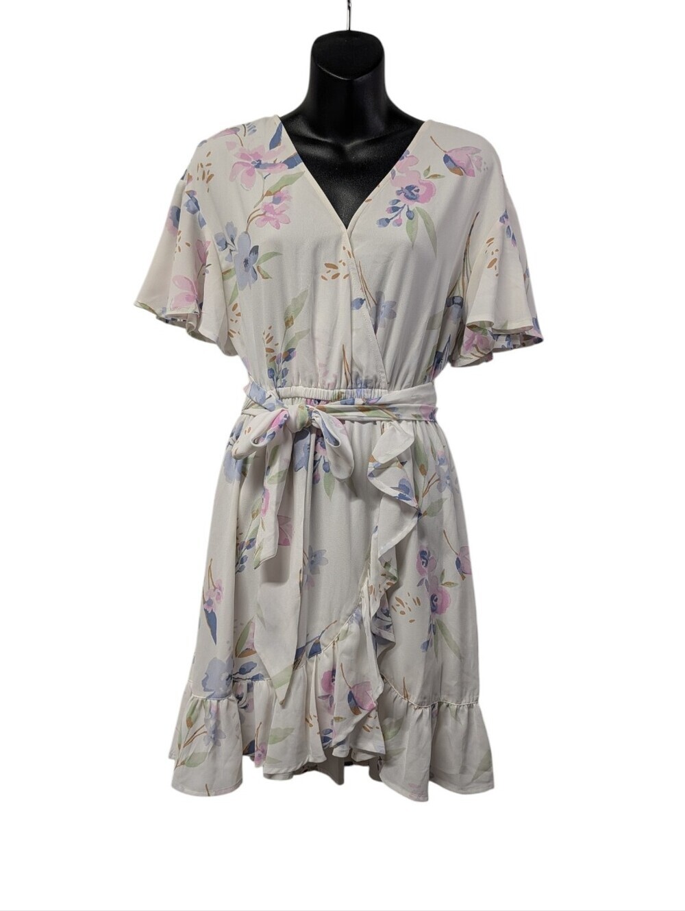 Lauren Conrad Floral Wrap Dress Size S Ruffle Hem Flutter Sleeve Tie Waist Mini